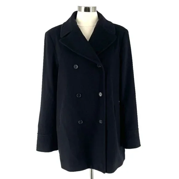 Brooks Brothers Vintage Wool Black Double Breasted Pea Coat Made USA Women's L - Picture 1 of 6
